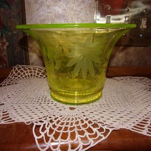 Yellow Depression Glass Bowl Vase Centerpiece Etch